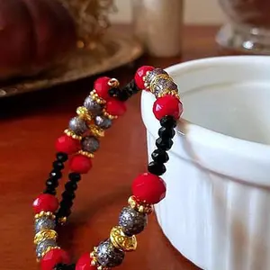 Black Red Beaded Memory Wire Bracelet Gray Gold Bracelet Boho Casual Bracelet Everyday Slate Grey Jewelry Wire Wrapped Bracelet Gift for Her