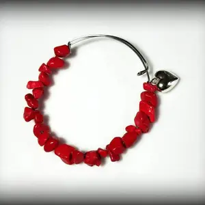 Red Gemstone Bangle Bracelet Stainless Steel Wire Sterling Silver Heart Charm Beaded Howlite Stone Chips Expandable Adjustable Jewelry