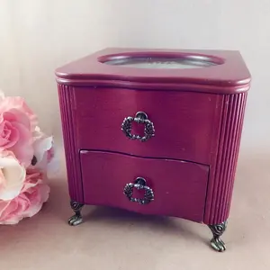 Jewelry Box Etched Glass Flip Top Compartment Storage Chest Wooden Box With Drawer Lion Feet and Pull Loop Hardware