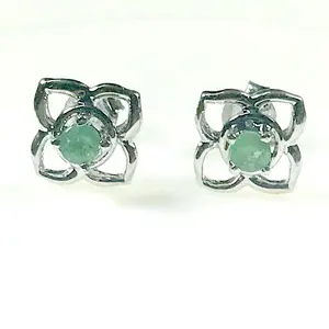 NATURAL GREEN EMERALD Stud Earrings in silver with beautiful flower inspiration design, Perfect gift for May birthstone , Gift for her.....