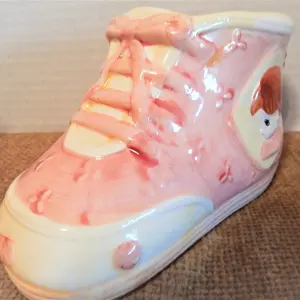 Babys First Coin Bank Precious Moments Girls PinkCerNIShoe Money Box Baby Shower Gift Vintage Enesco