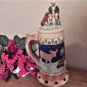 Vintage Beer Stein Hand Painted Ceramic Woodland Hunting Theme Cokllectible Decorative Barware