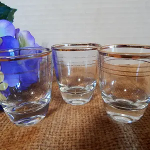 Shot Glasses Vintage 1960s Barware Three Shooters Gold Band Clear Bar Glass One-Ounce Jiggers made in France