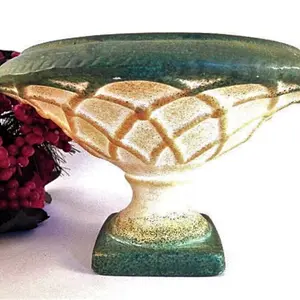 Vase Beige Green Ceramic Urn Footed Pedestal Dish Pineapple Pattern Vintage Home Decor