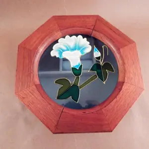 Covered Jewelry Box 8 Sided  Blue Floral Painted Glass Top Wooden Compartment Case Trinket Keepsake  Organizer Vintage 1980s