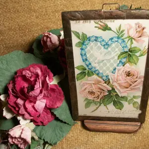 Valentine's Day Postcard Antique 1906 Glass Covered Metal Frame Picture with Stand Paper Ephemera Home Decoration Romantic Keepsake