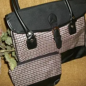 Purse Houndstooth Plaid Vi\intage Handbag Black Brown Beige Faux Leather Envelope Purse Matching Cosmetic Bag