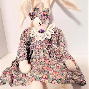 White Rabbit 30" Stuffed Fleece Bunny Doll Floral Dress Cottage Spring Easter Home Decor Shelf Sitter