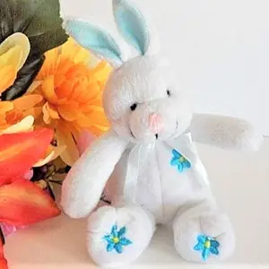 Bunny Rabbit Plush Stuffed Animal 5"  Blue and White Easter Basket Stuffer Vintage 1990s Toy