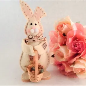 Folk Art Bunny with Egg Basket Figurine White Rabbit Easter Doracton