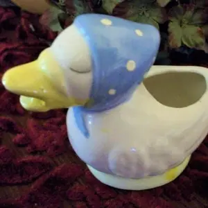 Duck Figurine Hand Painted White and Yellow Ceramic Vintage 1960s Farm Animal Home Decor