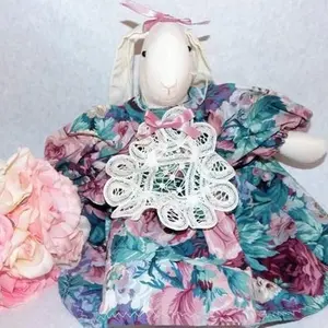 White Rabbit Doll Floral Dress Shelf Sitter Bunny Handcrafted Vintage Home Decor