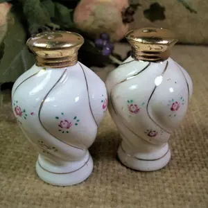 Salt and Pepper Shakers White Porcelain Rose Motif Hand Painted Gold Gilt Vintage 1950s