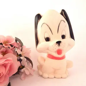 Squeak Toy Puppy White and Black Rubber Dog Vintage 1965 Baby Joy Collectible Toy Animal