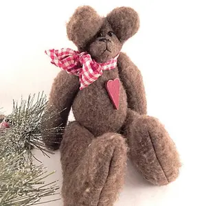 Folk Art Bear Hand Crafted Stuffed Animal Brown Nubbly Fleece Stuffed Bear