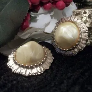 Vintage 1960s Costume Jewelry Earrings Clip On Gold Metal Sunburst Yellow Cabochon Fashion Accessory