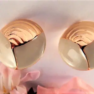 Jade Green Clip-On Earrings Vintage 1980s Gold Overlay Round Dome Fashion Jewelry