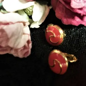 Coral Earrings Ying Yang Gold Metal Clip On Earrings Vintage 1960s Fashion Jewelry
