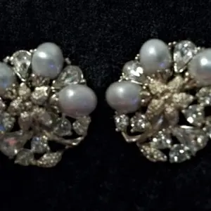 Vintage 1960 Gold Metal Clip-On Rhinestone and Faux Pearls Costume Jewelry