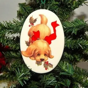 Puppy Dog Christmas Tree Ornament Blond Cocker Spaniel Puppy Oval White Porcelain Vintage Holiday Home Decor