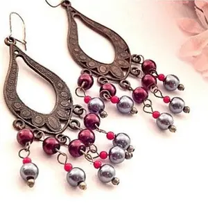 Antique Metal Beaded Hoop Dangle Earrings Pierced Ear Wires Vintage 1970s Bobo Hippie Jewelry