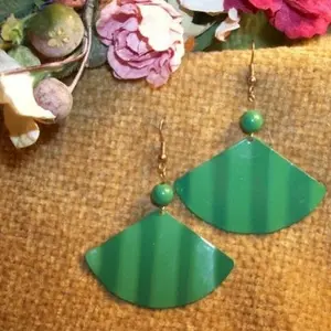 Enamel Earrings Mod Kelly Green Pleated Fan Dangle Earrings Vintage 1970s Fashion Jewelry