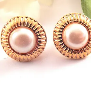 White and Gold Dot Earrings Framed Cabochon Faux Pearl Domes Vintage 1970s Costume Jewelry Elegant Formal Earrings for Pierced Ears