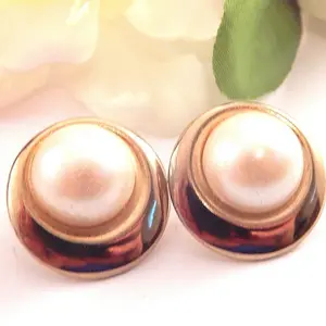 White Faux Pearl Dot Earrings Gold Metal Framed Cabochon Domes Vintage 1970s Costume Jewelry Earrings for Pierced Ears