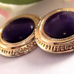 Dome Earrings  Gold and Purple Vintage 1980s Fashion Jewelry Earrings for Pierced Ears