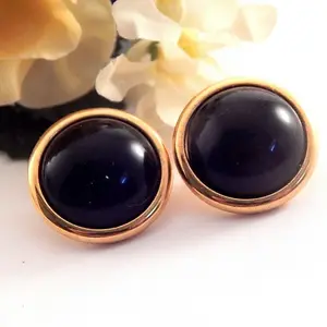 Blue Dome Disc Earrings Round Gold Metal Frames Vintage 1980s Fashion Jewelry Classic Button Earrings for Pierced Ears