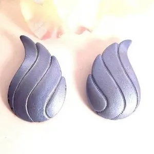 Steel Blue Teardrop Earrings Vintage 1970s Cornflower Enamel Feathers Angel Wings Fashion Jewelry