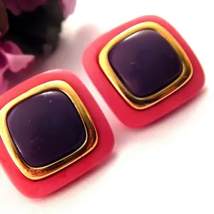 Pink and Purple Square Pierced Ear Earrings Mod 1980s Vintage Fashion Jewelry