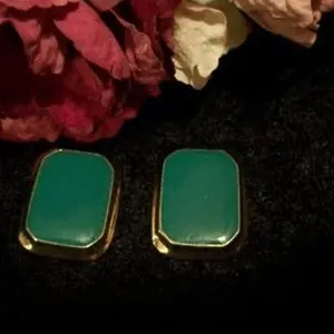 Green Enamel Earrings Gold Frame Vintage 1980s Costume Jewelry