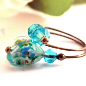 Wire Wrap Ring Women's Jewelry Blue Aquamarine Beaded Ring Heart Self Adjusting One Size Fits Most