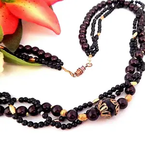 Triple Strand Beaded Necklace 24"  Black Brown Gold Beads Vintage 1970s Fashion Jewelry