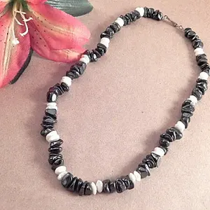 Beaded Necklace Magnetic Hematite and Mother of Pearl Beads 17 Inch Strand Vintage Jewelry