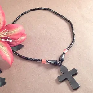 Hematite Beaded Necklace Cross Pendant Magnetic Stone Black Gray Bead Jewelry 18 Inch Strand 