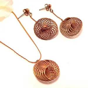 Mandala Spiral Pendant Necklace and Earrings Set 16" Serpentine Chain Vintage 1960s Mod Jewelry from Korea