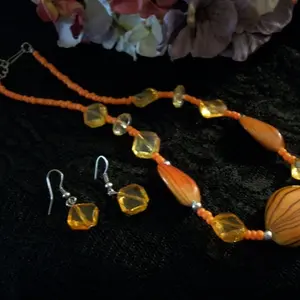 Bead Necklace and Dangle Earrings Set Orange Amber and Silver Beaded 18" - 20" Strand Vintage 1980s Jewelry