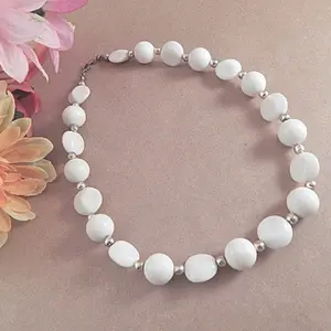 Beaded Necklace 18 " White and Silver Bead Strand Retro Mod Vintage Costume Jewelry