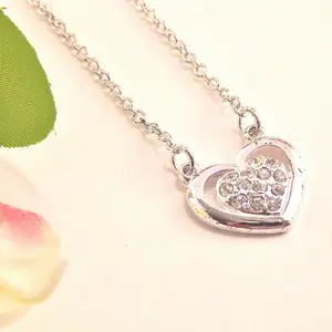 Rhinestone Heart Necklace Adjustable 20" Silver Chain Vintage 1980s Costume Jewelry