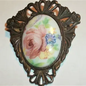Victorian Brooch Antique 1940s Pin Filigree Metal Porcelain Floral Transferware  Vintage Jewlery