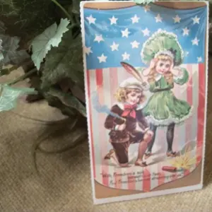 American Flag Post Card Vintage 1930s Fireworks Freedom Victorian Boy Girl Independence Day Picture Papercrafts Decoupage Supply