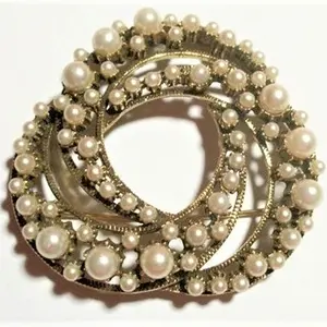 Pearl Brooch Florenza Signed Jewelry Vintage Pin Swirled Gold Circles Faux Pearls Collectible 1950s Costume Accessory