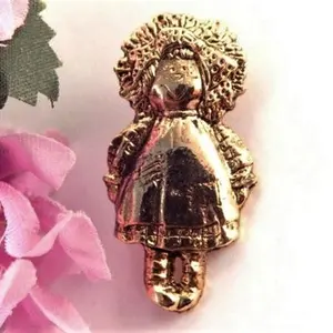Rag Doll Lapel Pin Raggedy Ann Style Hat Tack Gold Metal Country Girl Vintage 1980s Jewelry