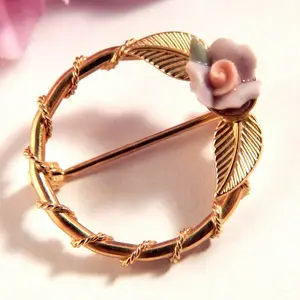 Circle Pin Lavender Floral Brooch Porcelain Rose Vintage 1980s Gold Overlay Fashion Jewelry