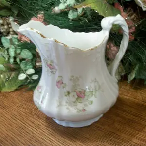 Porcelain Serving Pitcher EPP Co. Antique 1890s Decorative Sauce or Syrup Dish Pink Floral Transferware Tableware