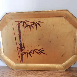 Tea Serving Tray Vintage 1970s Wooden Lacquerware Rustic Gold Bamboo Design Asian Decor