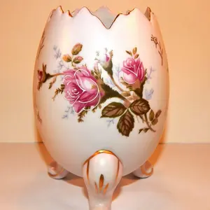 Porcelain Egg Vase Footed Pink Floral Vintage 1950s Napco Moriage Gilded Transferware Mid-Century Collectible Home Decor