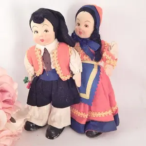 Boy and Girl Dolls Italian Heritage Vintage 1930s 8" Fabric Stockinette Felt Mask Face \ Old World Europe Display Doll Set